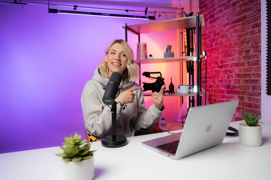A creator recording a podcast at a desk