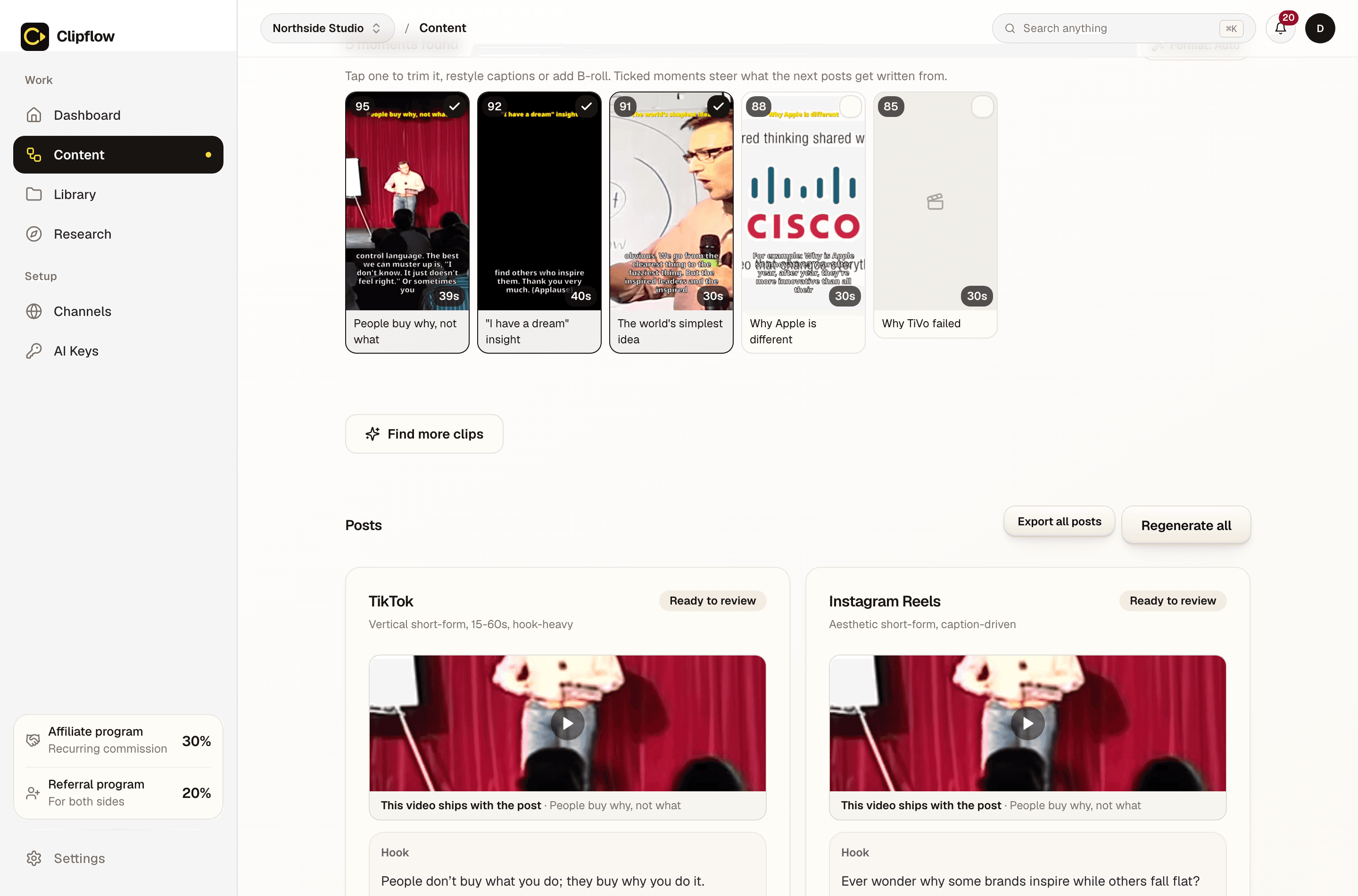 The Clipflow workspace: one imported talk with its five clips, each scored out of 100