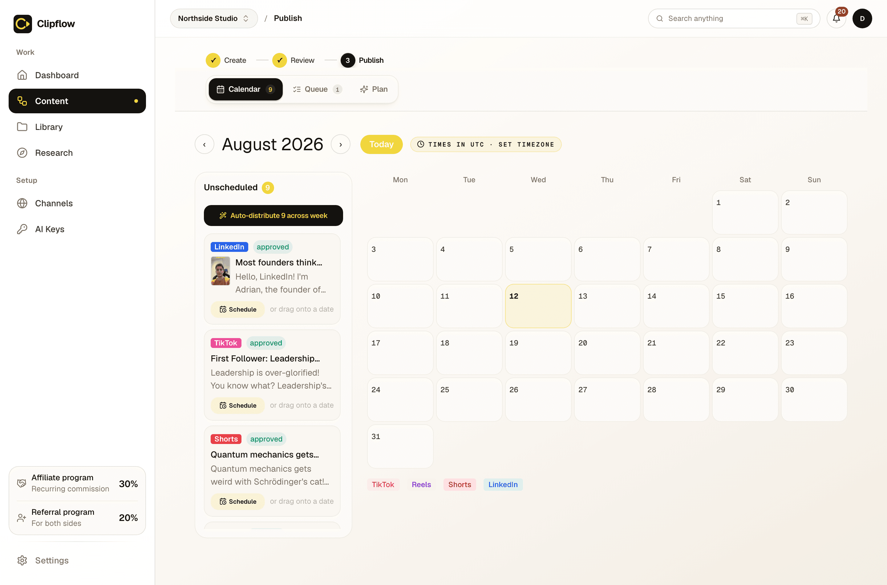 The Clipflow schedule: approved posts queued on the left, the month\u2019s calendar on the right